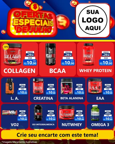 Modelo de Rede Social para Feed Instagram com o tema Ofertas Especiais de Julho para Suplementos alimentares