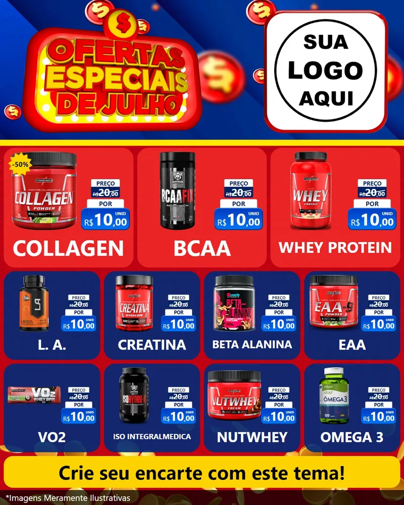 Modelo de Rede Social para Feed Instagram com o tema Ofertas Especiais de Julho para Suplementos alimentares