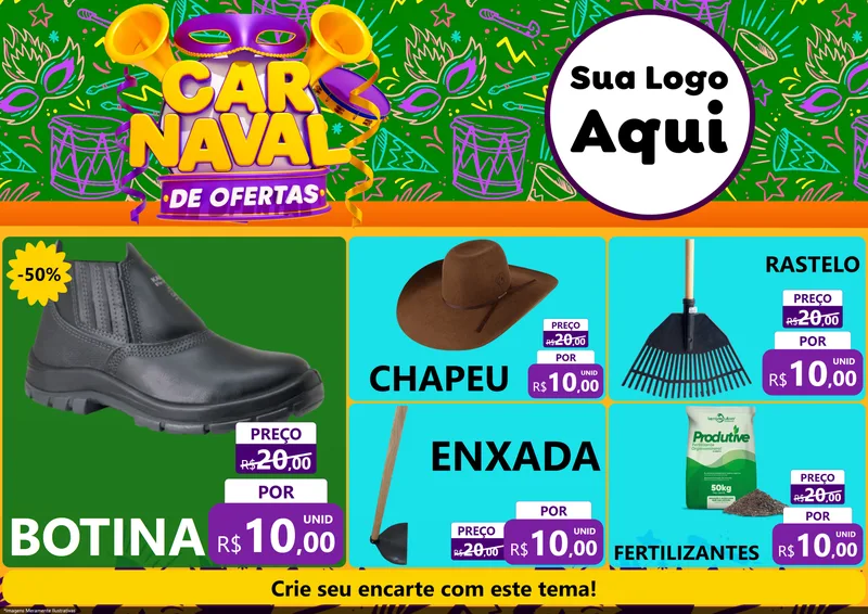 Modelo de Encarte para Encarte A4 Horizontal com o tema Carnaval de Ofertas para Agropecuária