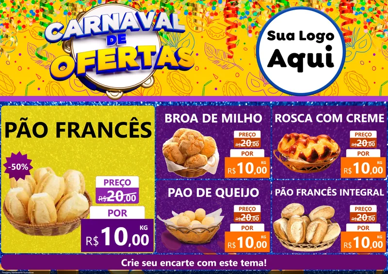 Modelo de Encarte para Encarte A4 Horizontal com o tema Carnaval de Ofertas para Padaria