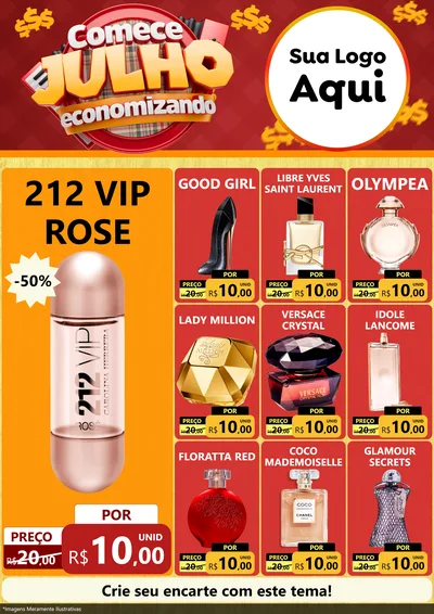 Modelo de Encarte para Encarte A4 Vertical com o tema Comece Julho Economizando para Perfumes