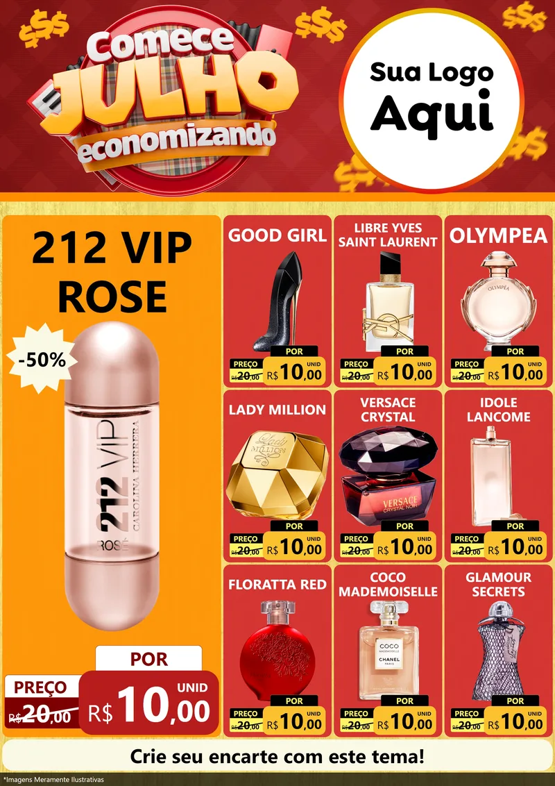 Modelo de Encarte para Encarte A4 Vertical com o tema Comece Julho Economizando para Perfumes