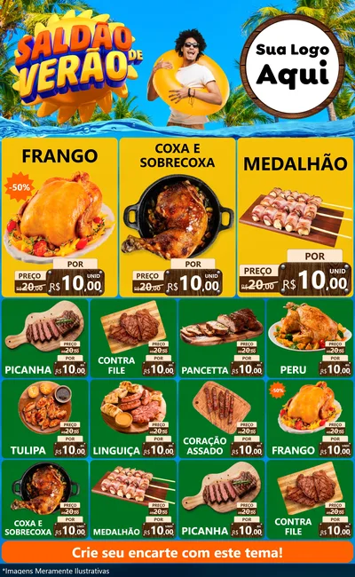 Modelo de Encarte para Encarte Grande com o tema Saldão de Verão para Assados