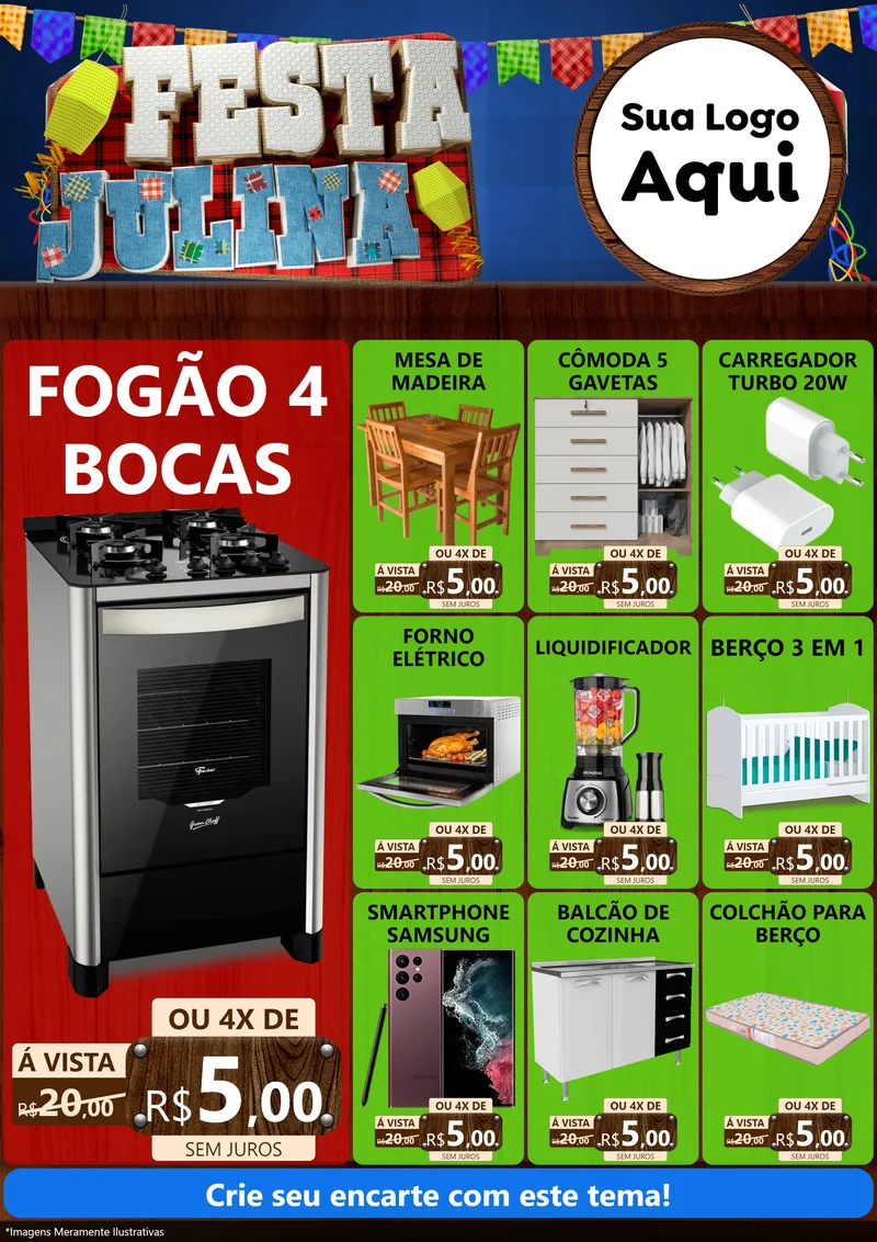Modelo de Encarte para Encarte A4 Vertical com o tema Festa Julina para Móveis e Eletro