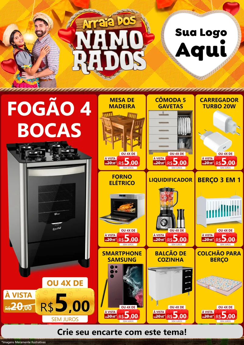 Modelo de Encarte para Encarte A4 Vertical com o tema Arraiá dos Namorados para Móveis e Eletro