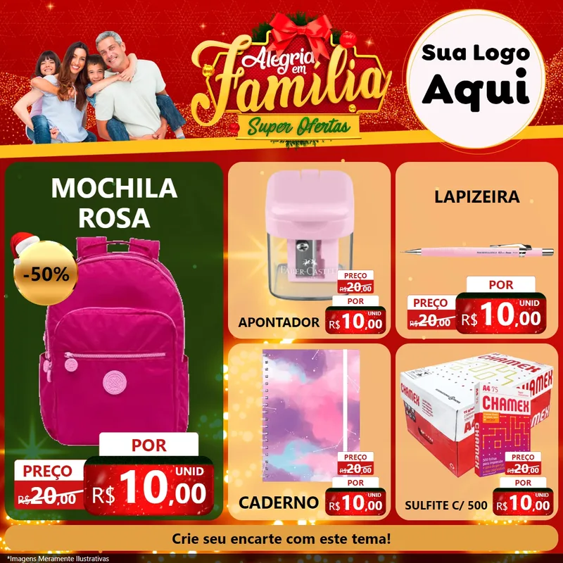 Modelo de Rede Social para Feed Facebook com o tema Alegria em Família Super Ofertas - Natal para Papelaria