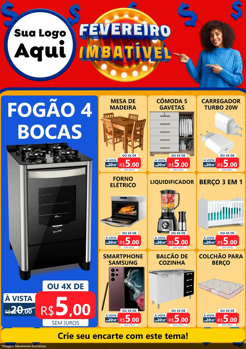 Modelo de Encarte para Encarte A4 Vertical com o tema Fevereiro Imbatível para Móveis e Eletro