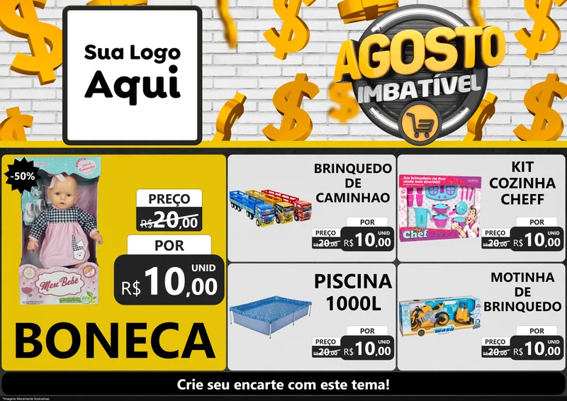Modelo de Encarte para Encarte A4 Horizontal com o tema Agosto imbatível para Brinquedos