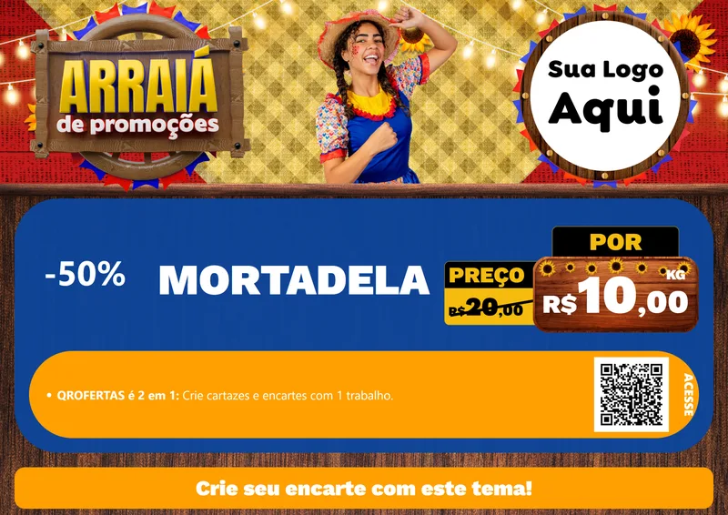 Modelo de Cartaz para Cartaz A4 Horizontal com o tema Arraiá de Promoções para Frios e Laticínios