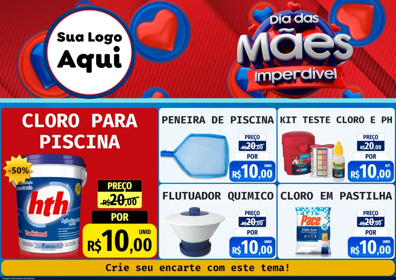 Modelo de Encarte para Encarte A4 Horizontal com o tema Dia Das Mães Imperdível para Produtos para Piscina