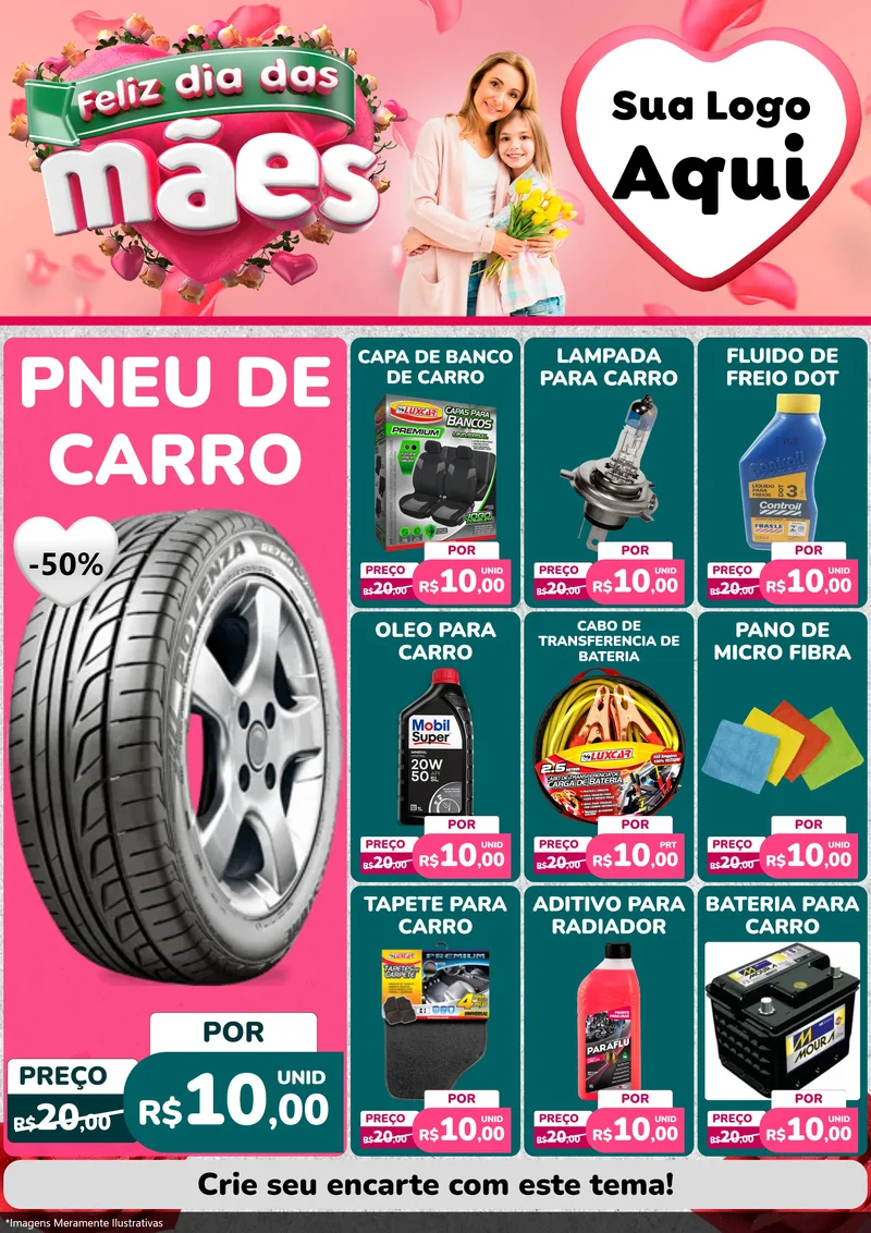 Modelo de Encarte para Encarte A4 Vertical com o tema Feliz Dia das Mães para Auto peças