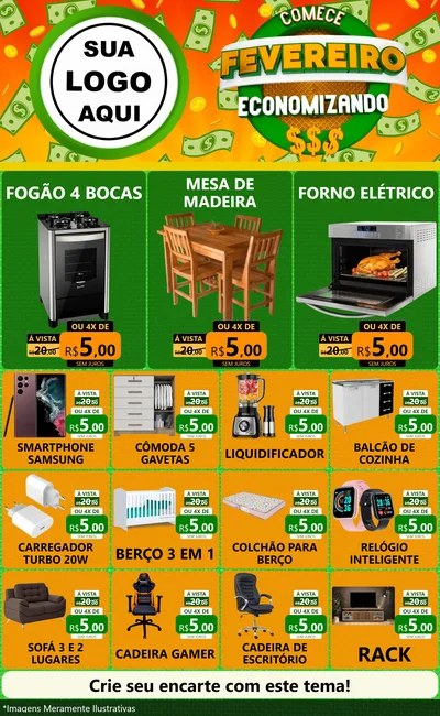 Modelo de Encarte para Encarte Grande com o tema Comece Fevereiro Economizando para Móveis e Eletro