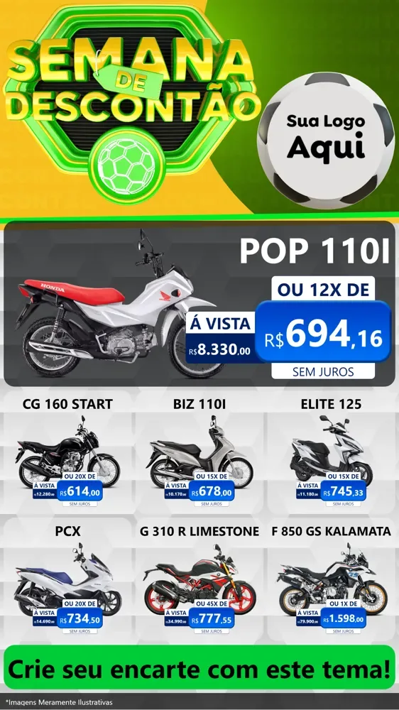 Modelo de Rede Social para Stories com o tema Semana de Descontão - Copa para Concessionaria de Motos
