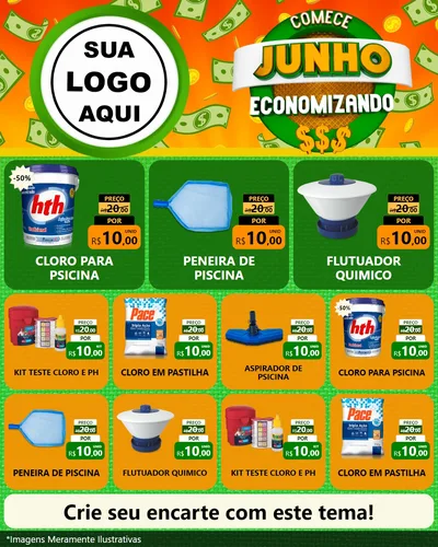 Modelo de Rede Social para Feed Instagram com o tema Comece Junho Economizando para Produtos para Piscina