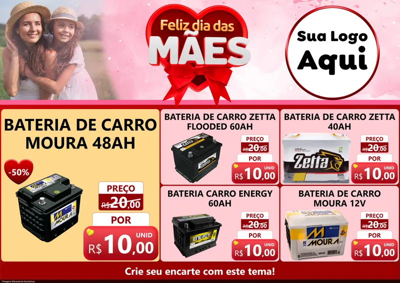 Modelo de Encarte para Encarte A4 Horizontal com o tema Feliz Dia Das Mães para Baterias Elétricas