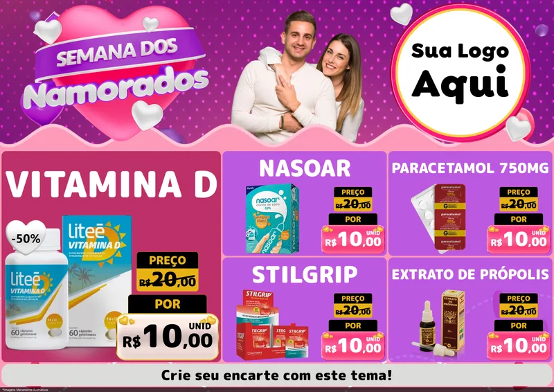 Modelo de Encarte para Encarte A4 Horizontal com o tema Semana dos Namorados para Farmácia