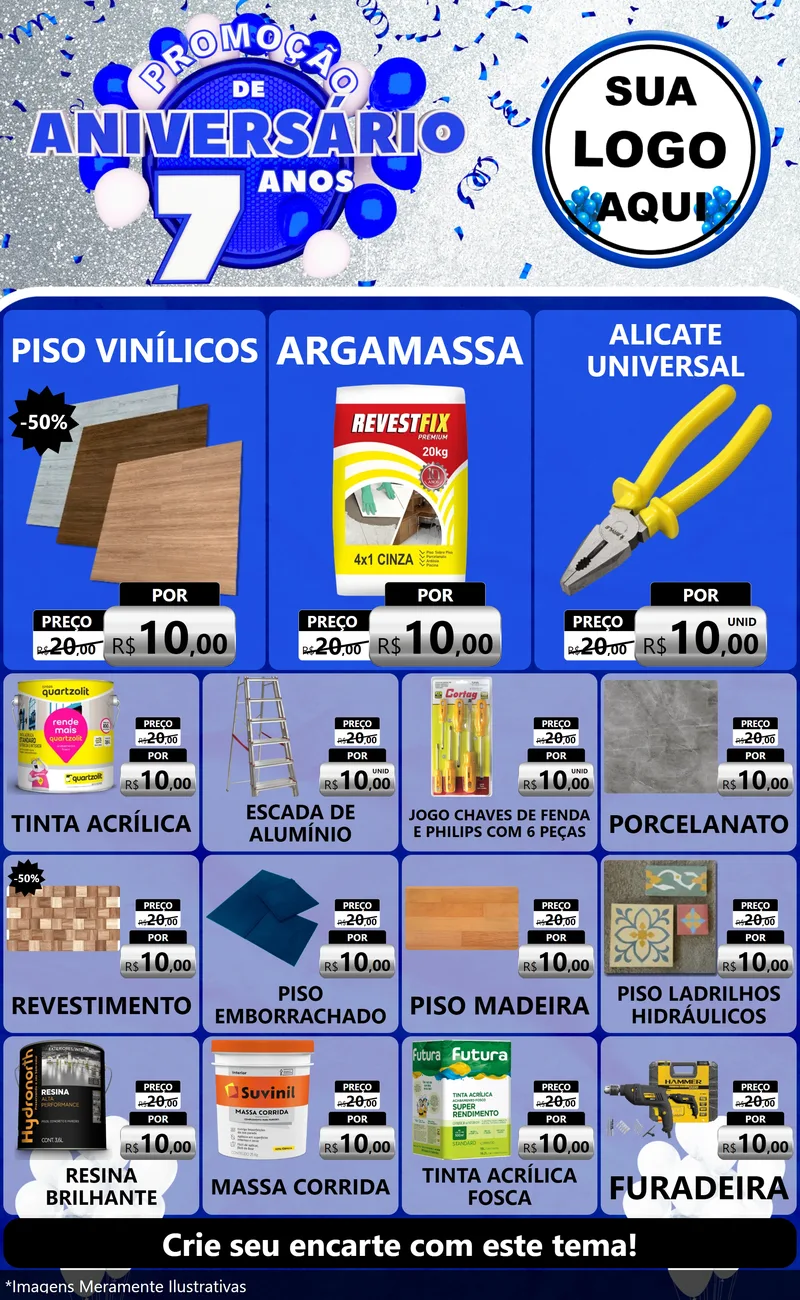 Modelo de Encarte para Encarte Grande com o tema Promoção de Aniversário - 7 Anos para Material para Construção