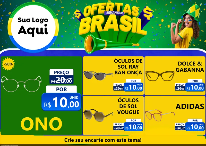 Modelo de Encarte para Encarte A4 Horizontal com o tema Ofertas Semana do Brasil para Óticas