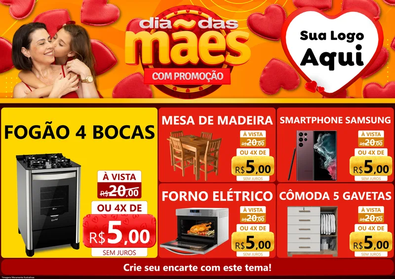 Modelo de Encarte para Encarte A4 Horizontal com o tema Dia das Mães com Promoção para Móveis e Eletro