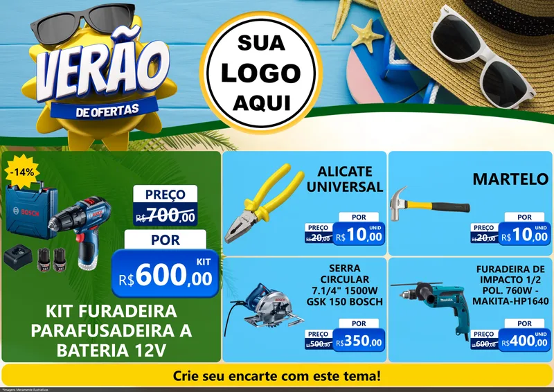 Modelo de Encarte para Encarte A4 Horizontal com o tema Verão de Ofertas para Maquinas e Ferramentas