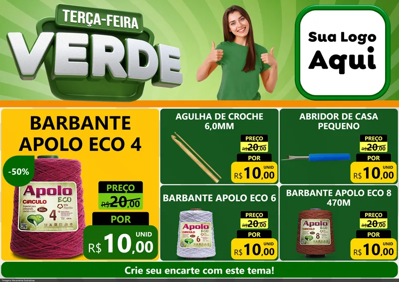 Modelo de Encarte para Encarte A4 Horizontal com o tema Terça - Feira Verde para Armarinho e Aviamentos