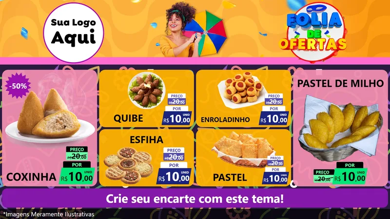 Modelo de TV para TV Horizontal com o tema Folia de Ofertas para Salgadaria