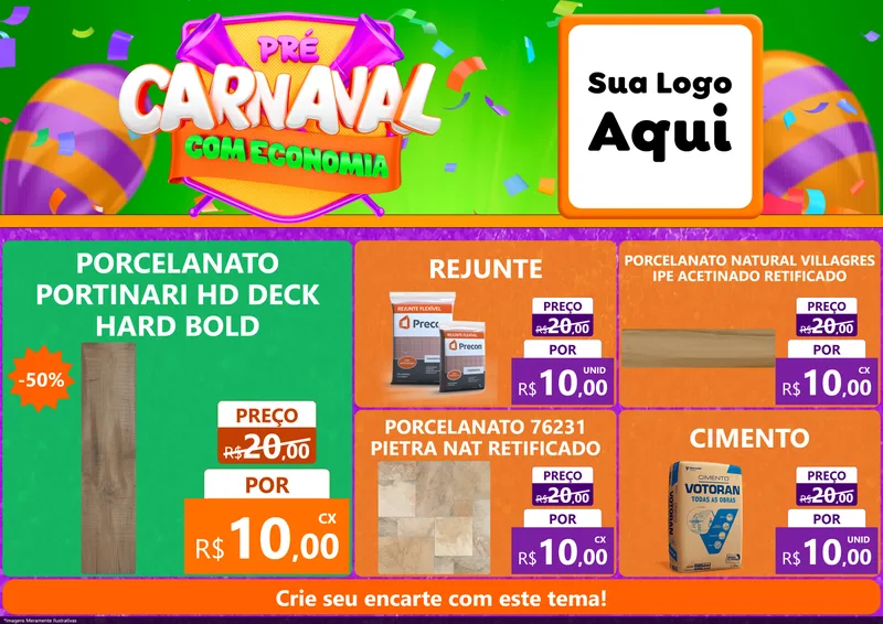 Modelo de Encarte para Encarte A4 Horizontal com o tema Pré-Carnaval Com Economia para Pisos e revestimentos