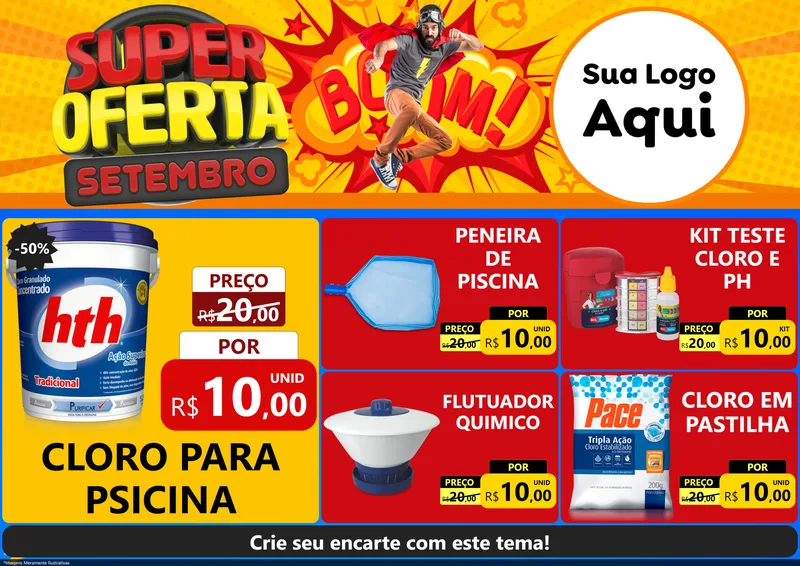 Modelo de Encarte para Encarte A4 Horizontal com o tema Super Oferta Setembro para Produtos para Piscina