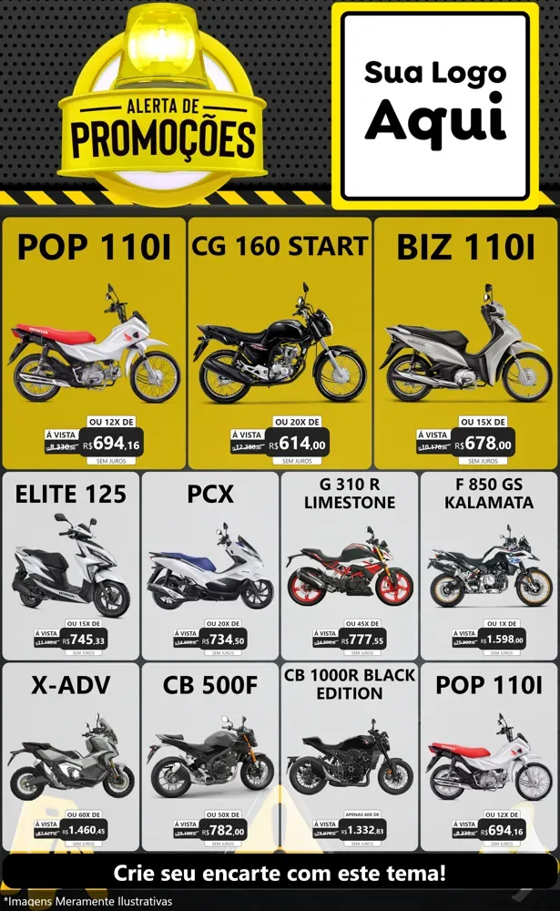 Modelo de Encarte para Encarte Grande com o tema Alerta de Promoções para Concessionaria de Motos