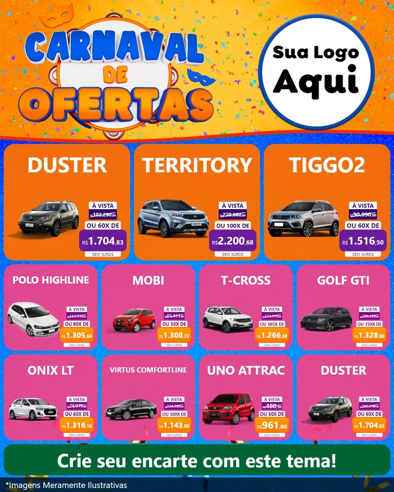 Modelo de Rede Social para Feed Instagram com o tema Carnaval de Ofertas para Concessionaria de Carros