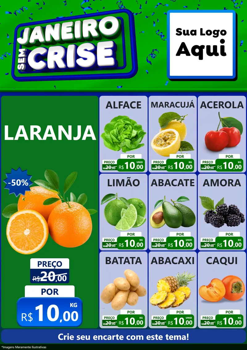 Modelo de Encarte para Encarte A4 Vertical com o tema Janeiro Sem Crise para Hortifrúti