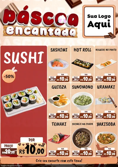 Modelo de Encarte para Encarte A4 Vertical com o tema Páscoa Encantada para Comida japonesa