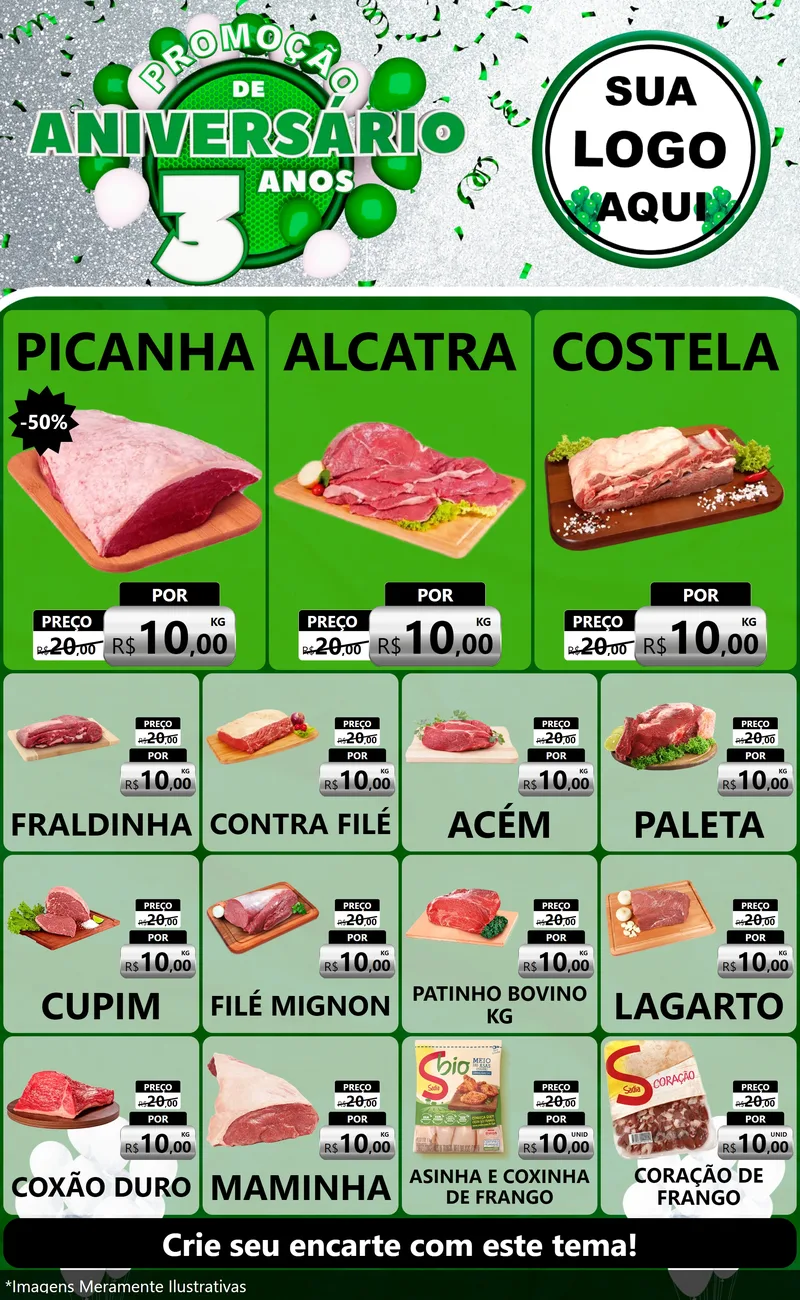 Modelo de Encarte para Encarte Grande com o tema Promoção de Aniversário - 3 Anos para Açougue