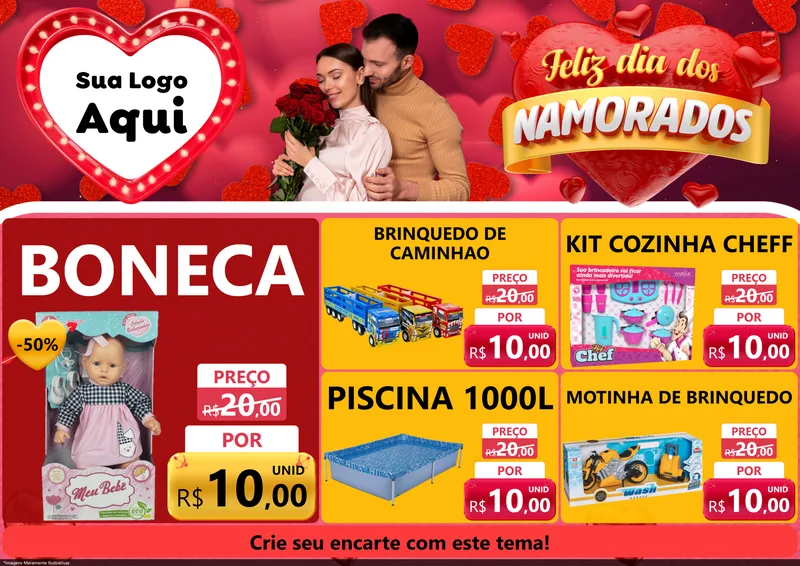Modelo de Encarte para Encarte A4 Horizontal com o tema Feliz Dia Dos Namorados para Brinquedos