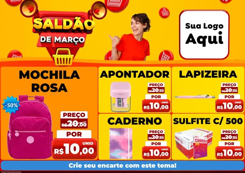 Modelo de Encarte para Encarte A4 Horizontal com o tema Saldão de Março para Papelaria