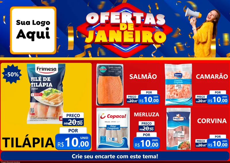 Modelo de Encarte para Encarte A4 Horizontal com o tema Ofertas de Janeiro para Peixaria