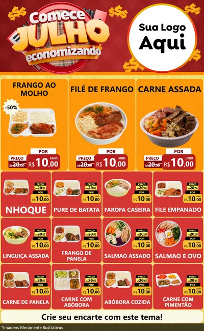 Modelo de Encarte para Encarte Grande com o tema Comece Julho Economizando para Restaurante
