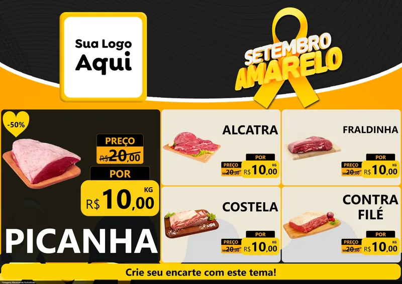 Modelo de Encarte para Encarte A4 Horizontal com o tema Setembro Amarelo para Açougue