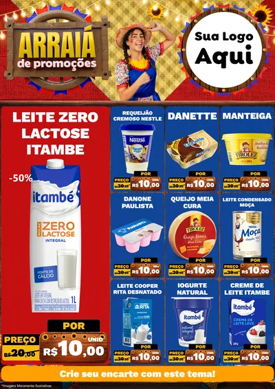 Modelo de Encarte para Encarte A4 Vertical com o tema Arraiá de Promoções para Frios e Laticínios