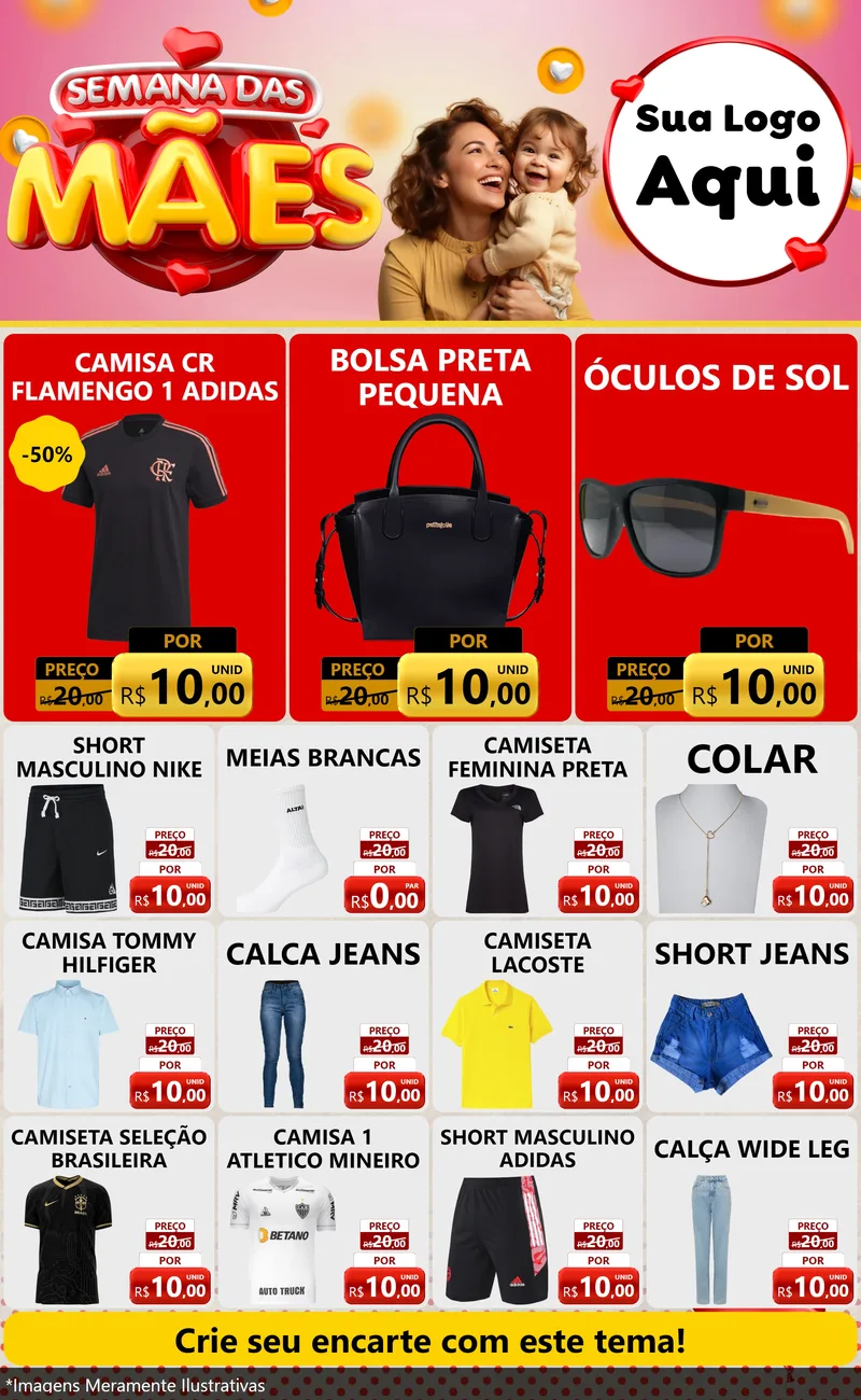 Modelo de Encarte para Encarte Grande com o tema Semana das Mães para Roupas e acessórios