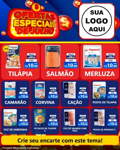 Modelo de Rede Social para Feed Instagram com o tema Ofertas Especiais de Julho para Peixaria