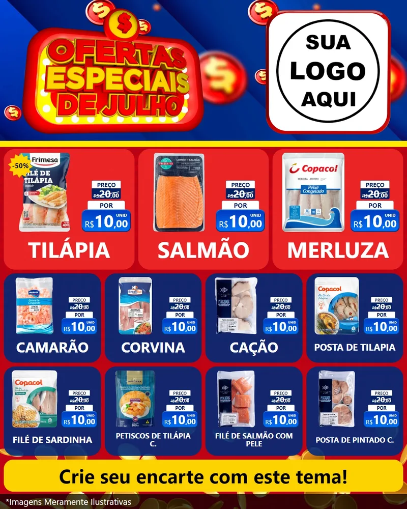 Modelo de Rede Social para Feed Instagram com o tema Ofertas Especiais de Julho para Peixaria