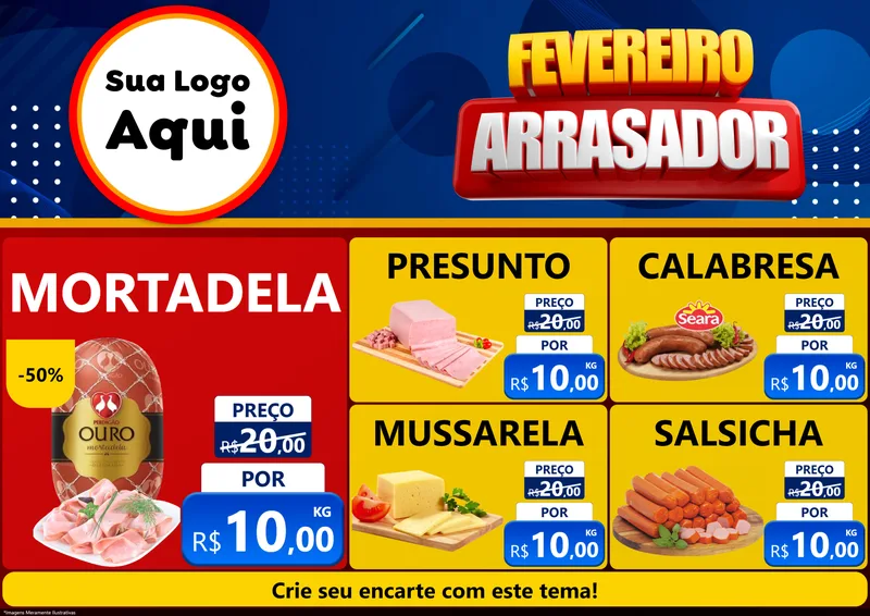 Modelo de Encarte para Encarte A4 Horizontal com o tema Fevereiro Arrasador para Frios e Laticínios