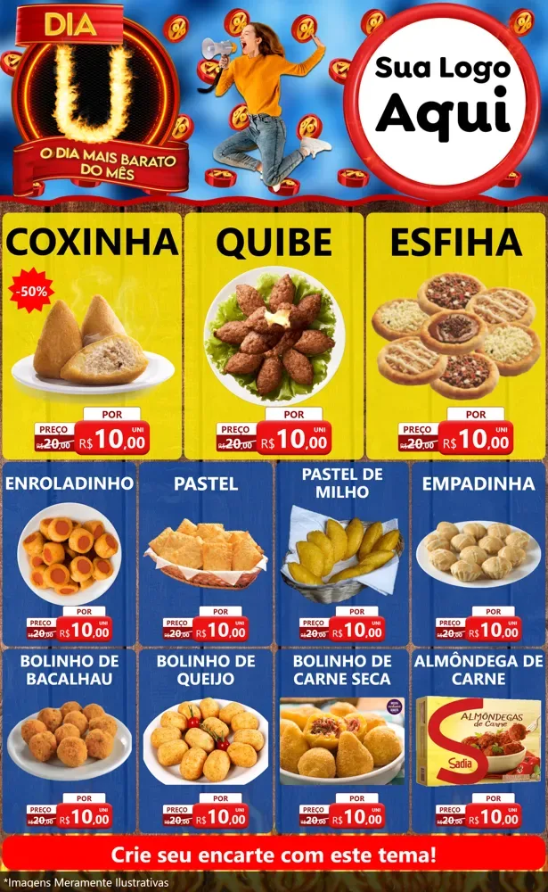 Modelo de Encarte para Encarte Grande com o tema Dia U - O Dia Mais Barato Do Mês para Salgadaria