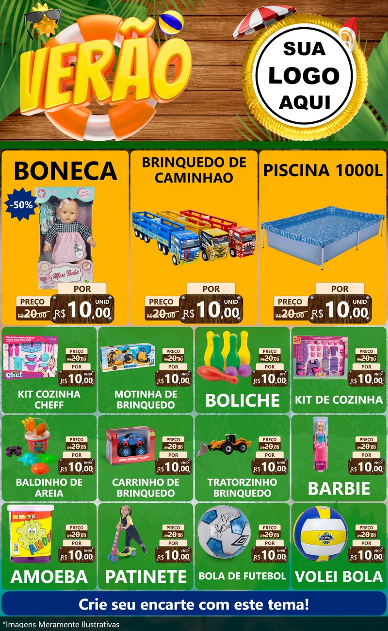Modelo de Encarte para Encarte Grande com o tema Verão para Brinquedos