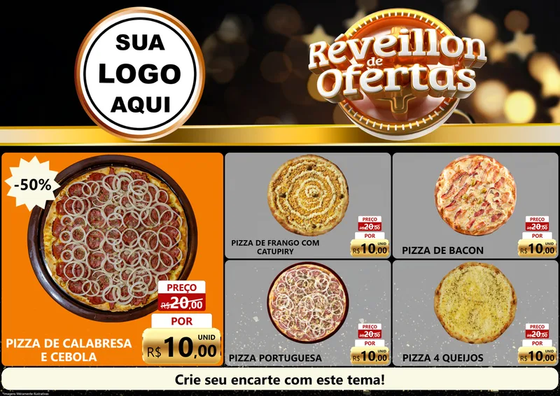 Modelo de Encarte para Encarte A4 Horizontal com o tema Réveillon de Ofertas para Pizzaria
