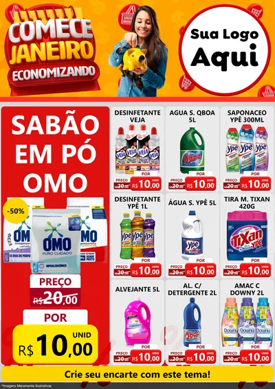 Modelo de Encarte para Encarte A4 Vertical com o tema Comece Janeiro Economizando para Produtos de Limpeza