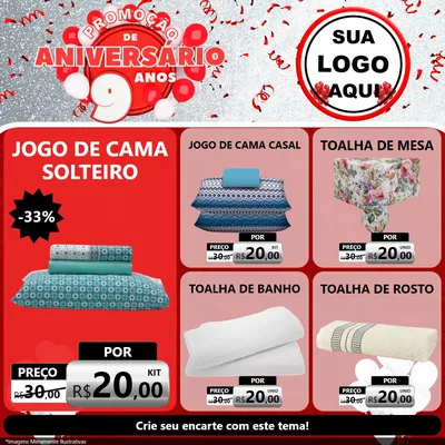 Modelo de Rede Social para Feed Facebook com o tema Promoção de Aniversário - 9 Anos para Cama, Mesa e Banho