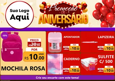 Modelo de Encarte para Encarte A4 Horizontal com o tema Promoção de Aniversário para Papelaria