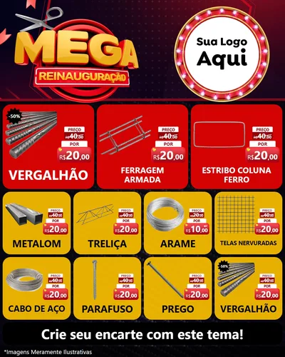 Modelo de Rede Social para Feed Instagram com o tema Mega Reinauguração para Ferragens